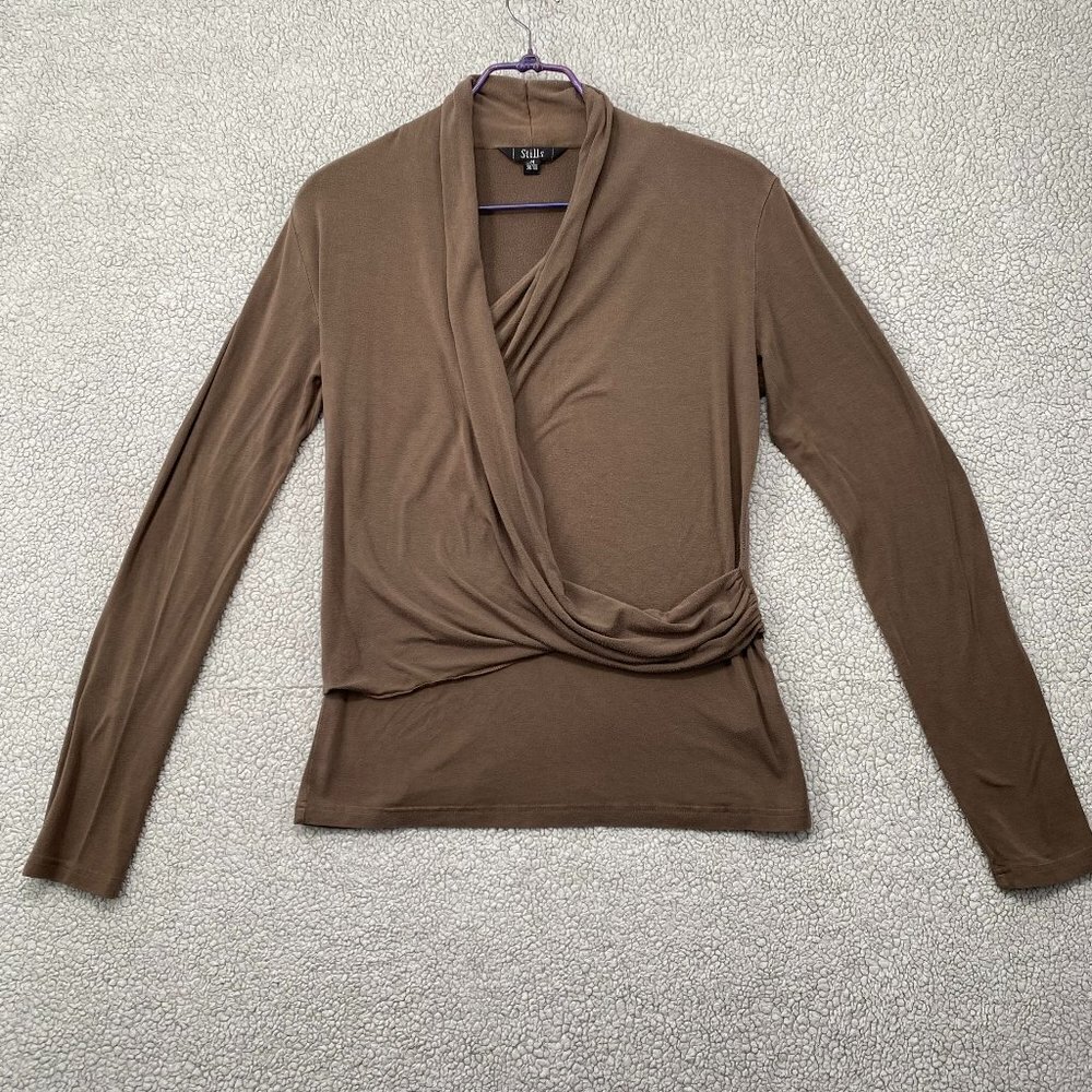 Stills Blouse Women's Medium Long Sleeve Brown Front Cross Ruffle Office Party